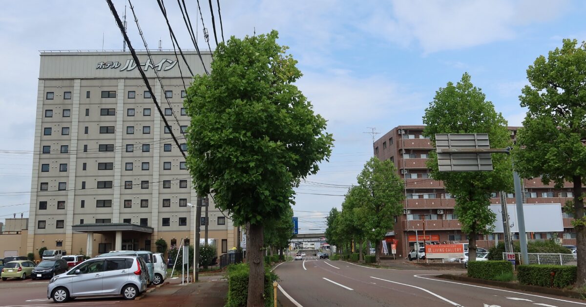 ホテルルートインと並木道がある市街地の通り