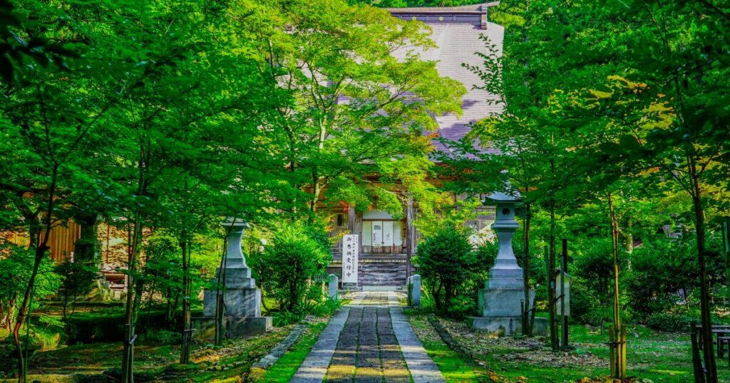 緑に囲まれた参道と静かな寺院