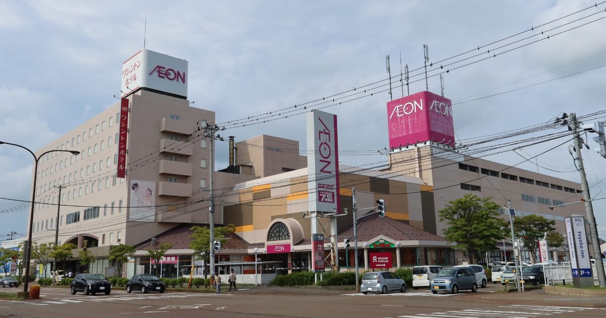 イオンモールとワシントンホテルが並ぶ市街地